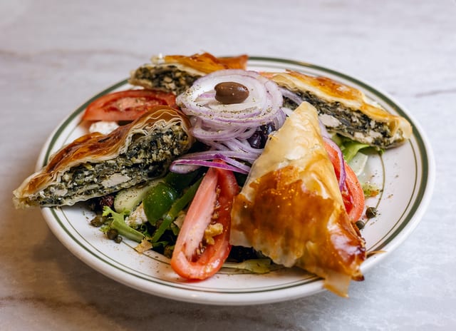 Greek Spinach Pie Served with Greek Salad.