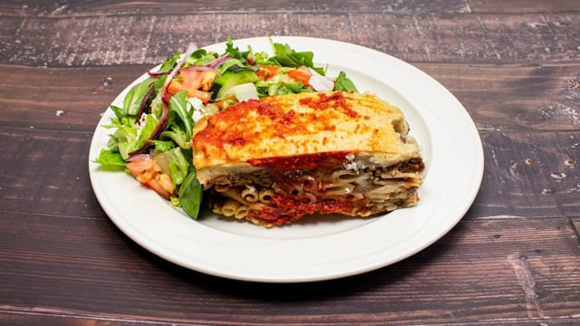 Pastitsio Served with Greek Salad.